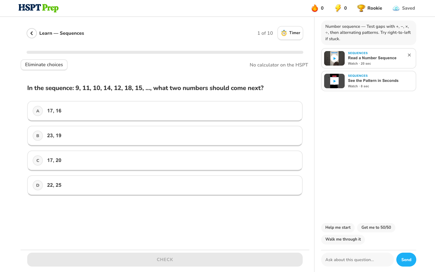 HSPT Prep focused practice session with answer choices and Coach help