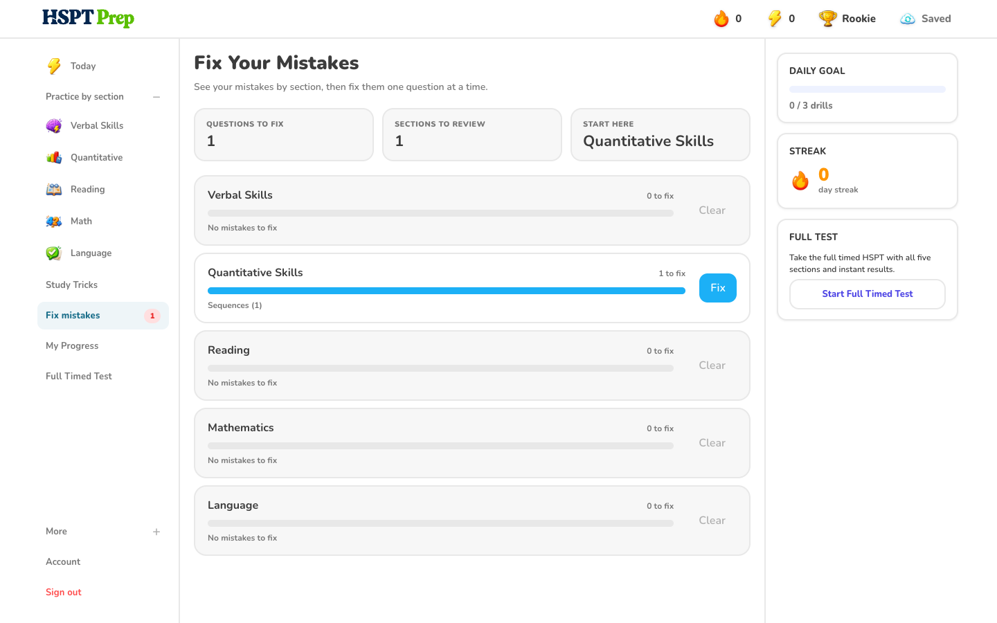 HSPT Prep mistake review organized by section