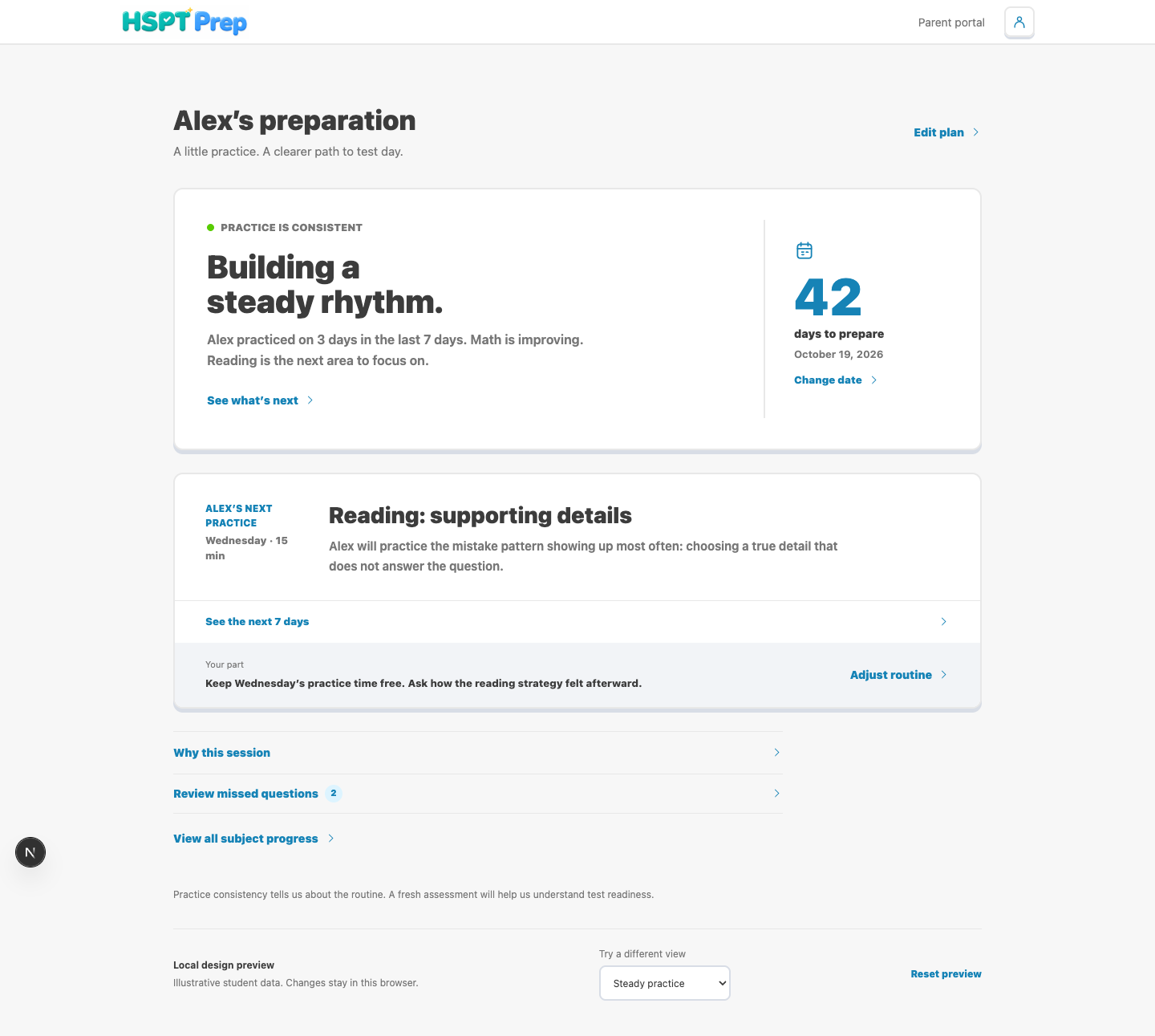HSPT Prep parent view showing practice consistency and the next focus